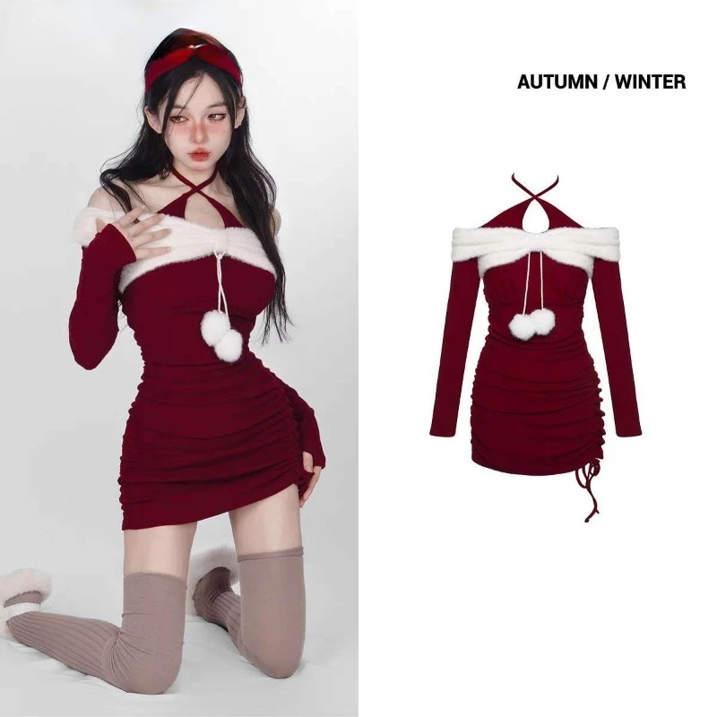 2023 Autumn Red Tight Dress Women Hanging Neck Strap Off Shoulder Hotsweet Slim Sexy Pure Desire Christmas Hip Wrap Skirt Chic