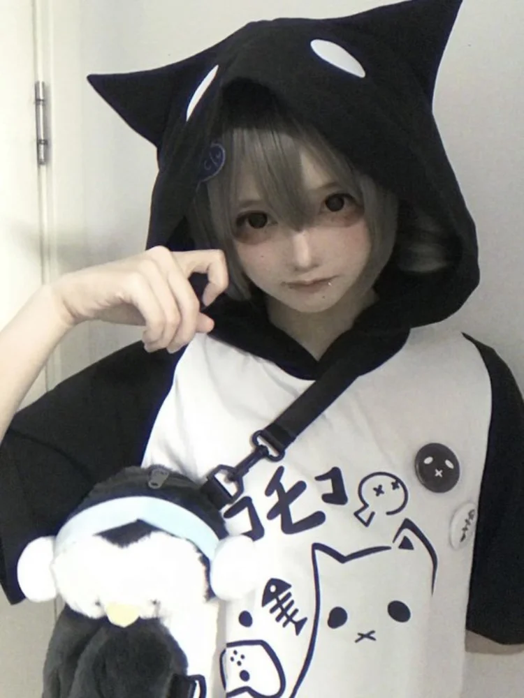 Super Fire anime Ghost Cat Cat Ear Hooded Short Sleeve Sweater T-shirt Female Summer Japanese Cute COS Top emo Y2K