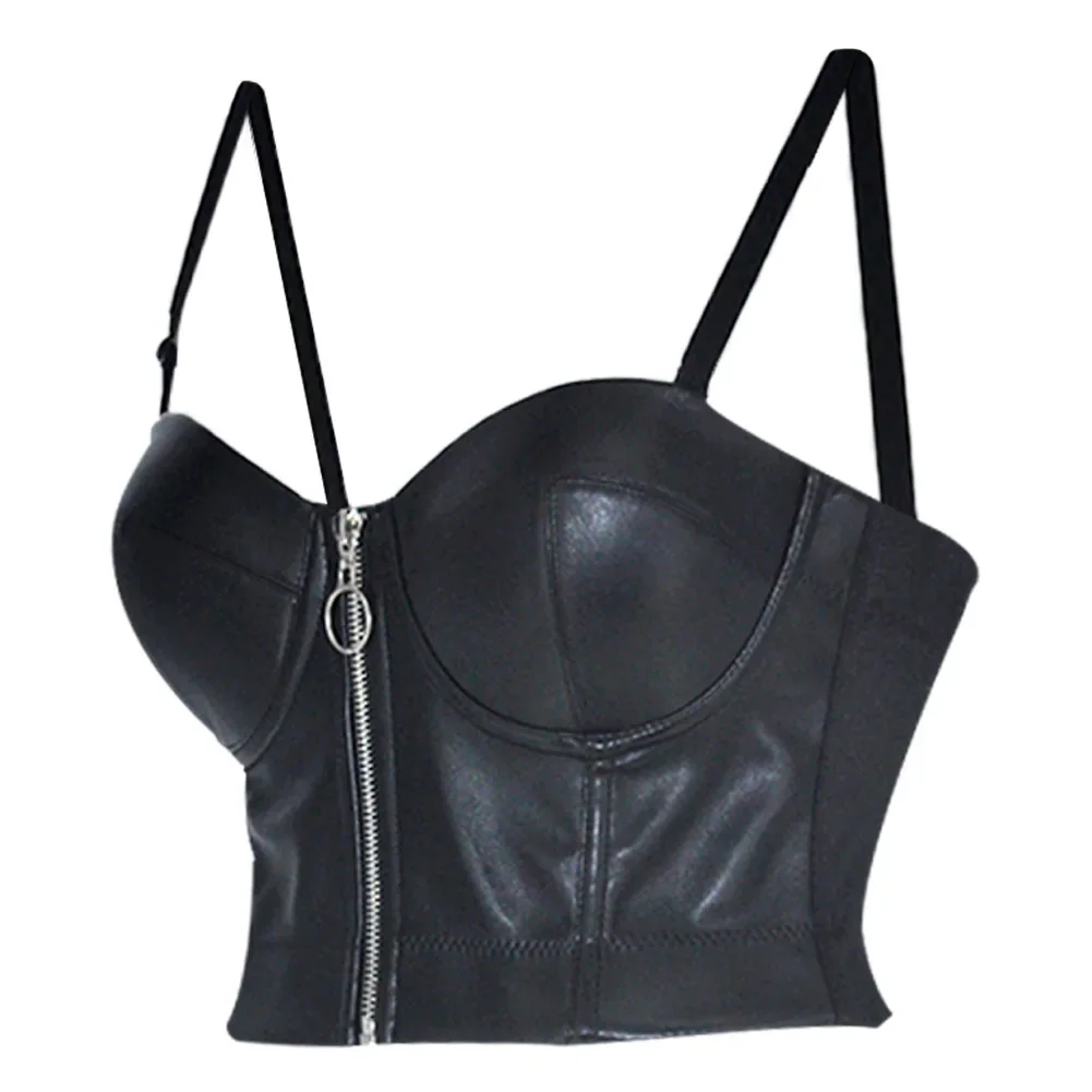 Women Pu Leather Corset Top Crop Bustier Gothic Punk Bra Push Up Bodice Corselet Party Short Camis Plus Size Black