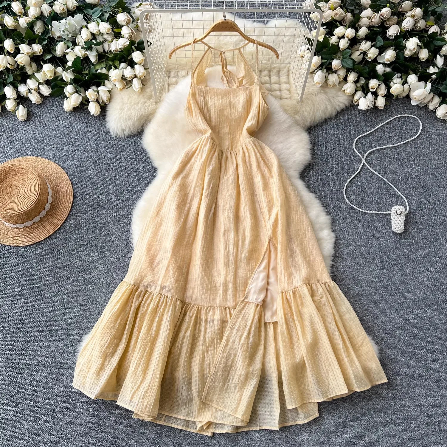 

Light Yellow Ruffles Dress for Women Strapped Sleeveless Slash Neck Elegant Dresses Bodycon Summer Holiday Backless Clothing