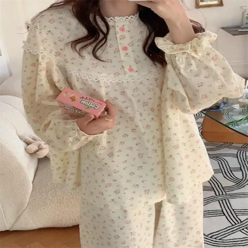 Ropa de dormir japonesa bonita y floral para niña, conjunto de traje para casa de manga larga para primavera y otoño, nuevo estilo, superventas