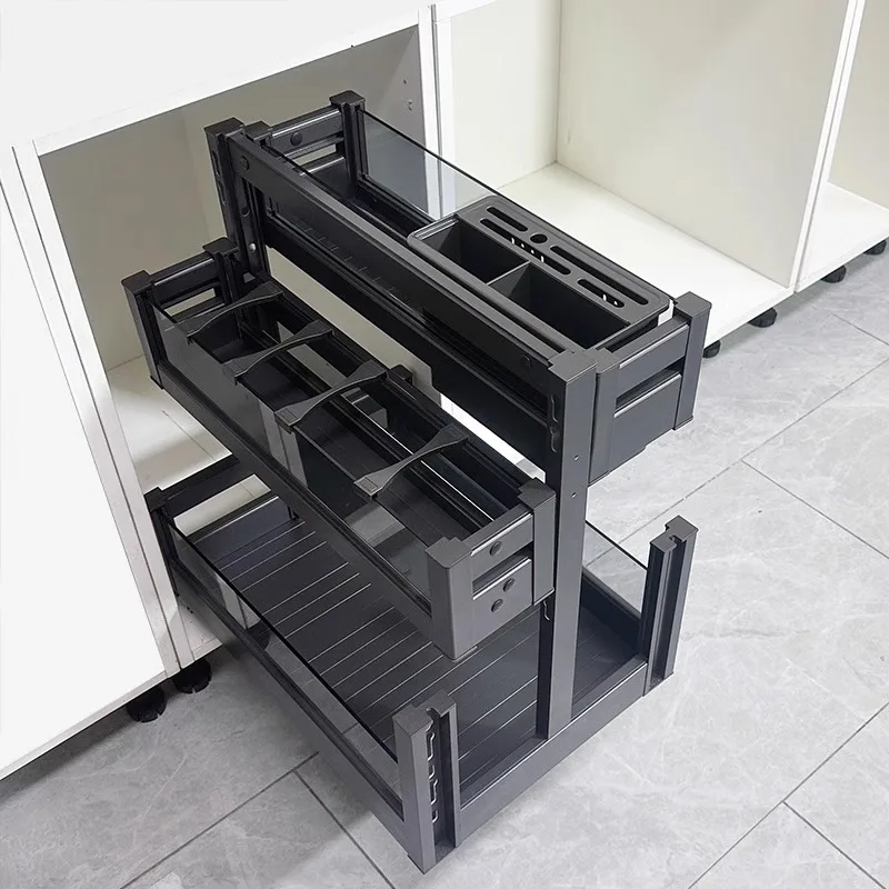 

Kitchen Cabinets Aluminum Alloy Flavoring Pull Basket Movable Shelving Multi-layer Storage Damping Bottom Rail