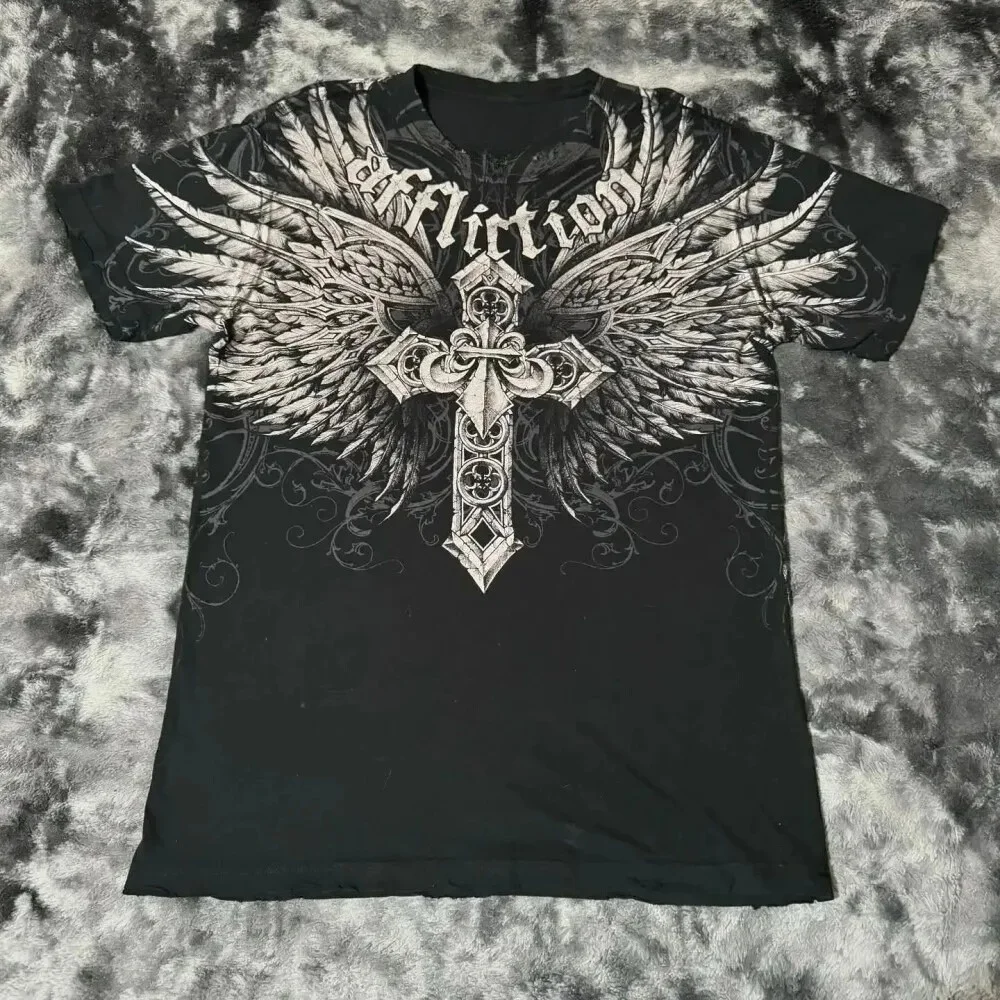 2026 Sommer Y2K Gothic-Print Harajuku-Stil T-Shirt High Street Broken Feeling Herren Kurzarmshirt Partnerlook Kinder-Oberteil – Detail 8