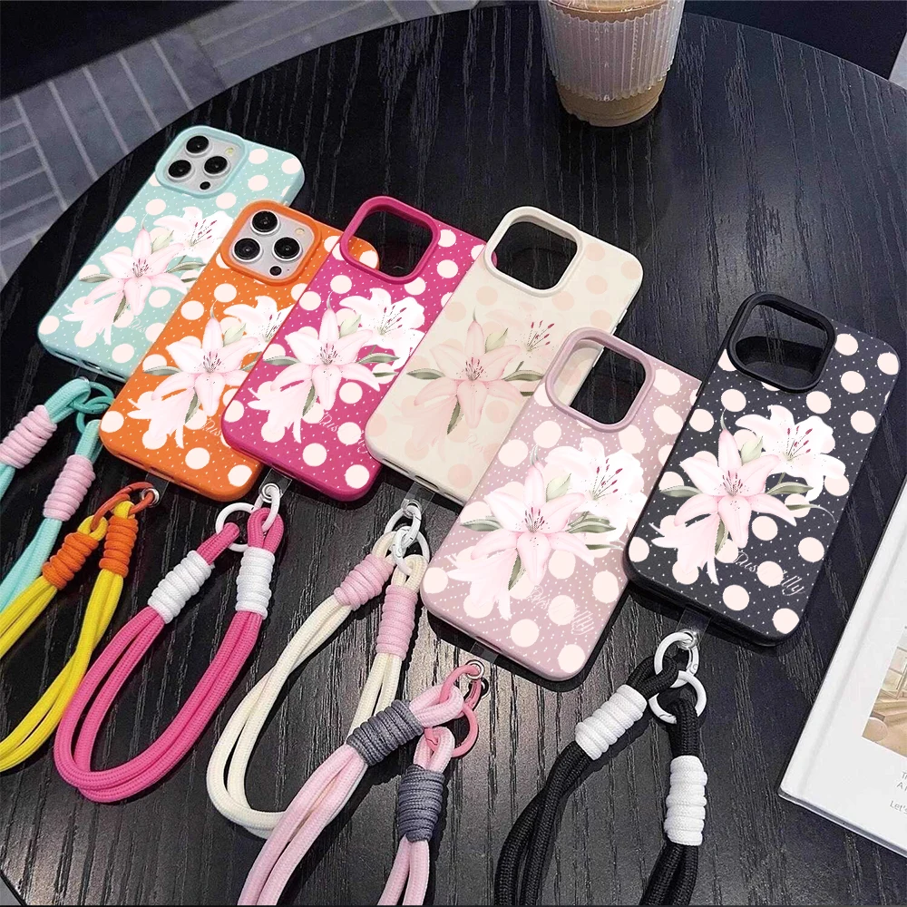 Retro Pink Polka Dot Flower With Lanyard Soft Leather Phone Case For iPhone 17 Pro Max 17 Air 16 14 15 11 12 13 16 Pro XR Cover view 5