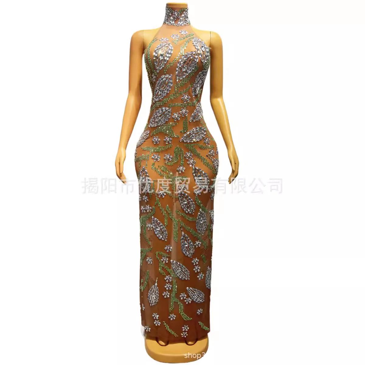 

Sparkling Backless Sexy Perspective Mesh High-end Birthday Dress Cocktail Party Dress Performance Dress Green Leaf Show Costumes