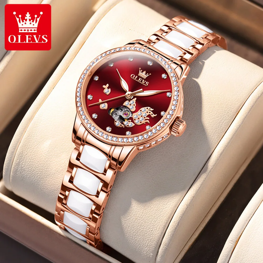 

OLEVS Original Automatic Mechanical Watch for Women Elegant Rose Gold Ceramics Strap Fashion Skeleton Koi Carp Ladies Wristwatch