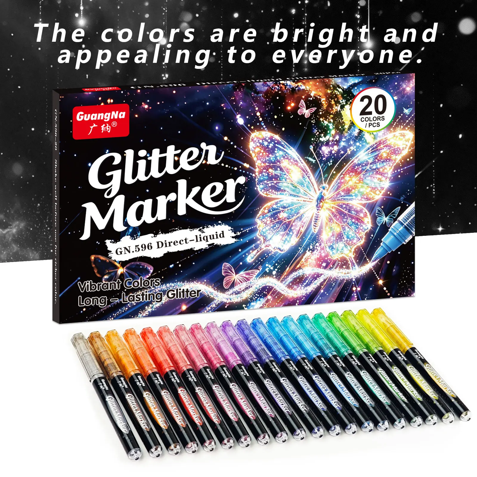 Guangna Direct Liquid Glitter Markers, 20 Colors for Drawing and Graffiti, Multi-Colored Writing and Journaling Markers, Character and Comic Art Stationery Set, Comprehensive Color Assortment, Suitable for Canvas, Wood, Stone, Glass, Ceramics, Fabric Painting, DIY Crafts, Art Supplies, Great Gift for Artists