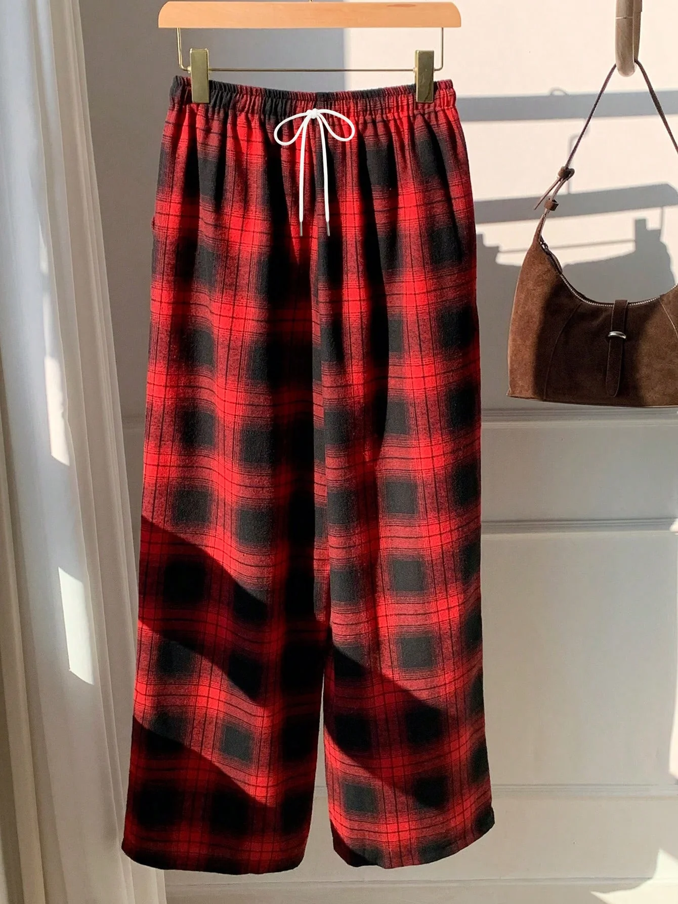 New Y2K Red Checkered Wide Leg Casual Women's Pants Elastic Retro Straight Leg Loose Sleepwear Casual Walking Sleepwear Kids