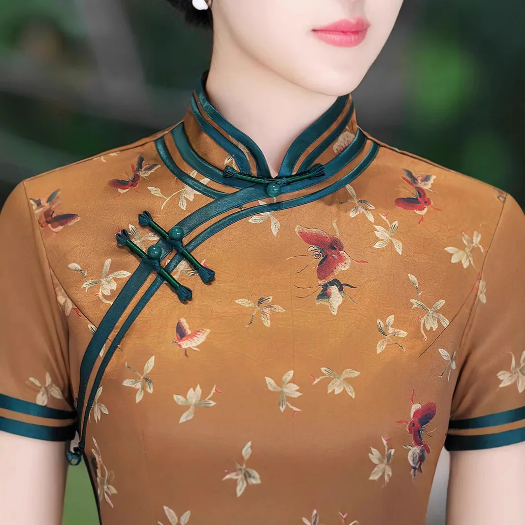 

Yourqipao Summer High-end Silk Cheongsam Daily Retro Chinese Style Evening Dress Long Temperament Qipao Banquet Party for Women