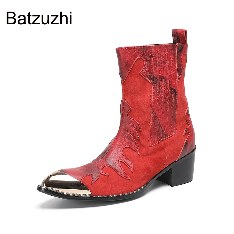Batzuzhi 6.5cm High Heels Men's Shoes Boots Mid-calf Red Leather Ankle Boots Man Pointed Toe Leather Boots for Man view 5