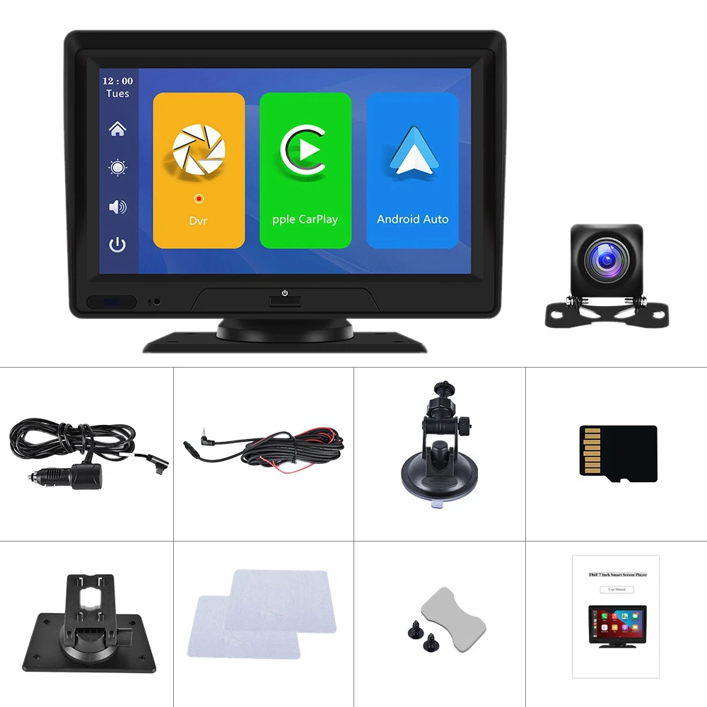 

7 Inch Touch Screen Car Tablet GPS DVR Recorder Monitor 1080P Front+Rear View Camera with Wireless Carplay Android Auto