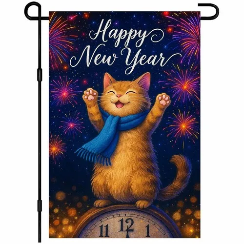 IVN Happy New Year Cat Garden Flag 12x18 Inch Double Ginger Tabby Countdown ZZO EEZ
