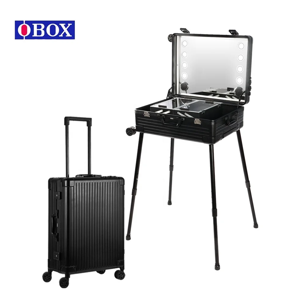 Professional Makeup Case Luggage Large Capacity Aluminum Alloy 8 LED Lights Mirror Box Upright Draw-Bar Fashion Cover For Artist
