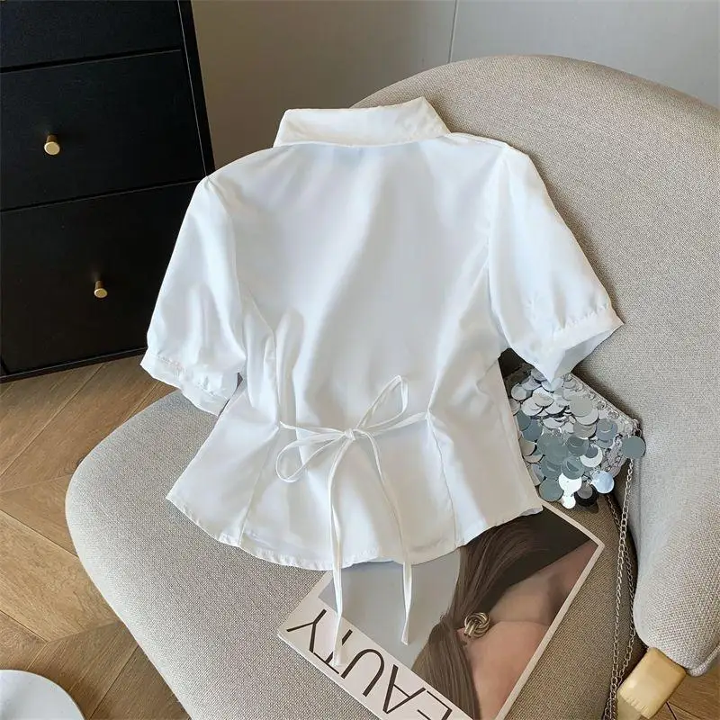 ​​School Style Tops Women Summer White Slimming T-Shirt Blouse with Back Tie Detail Waist Define Cross Back Shirts​​