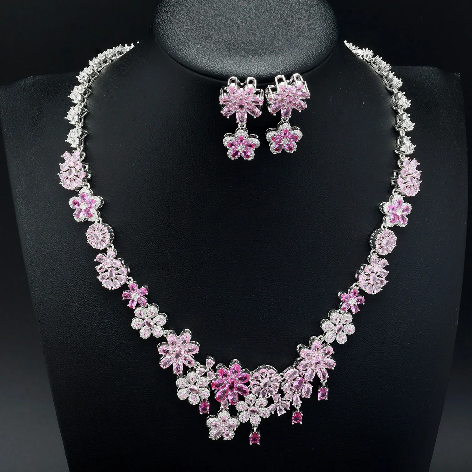 New Everyday Stunning Deluxe Cute Pink Flower Necklace and Earring Set Women's Jewelry Wedding Bridal Travel Prom Gift M-1116