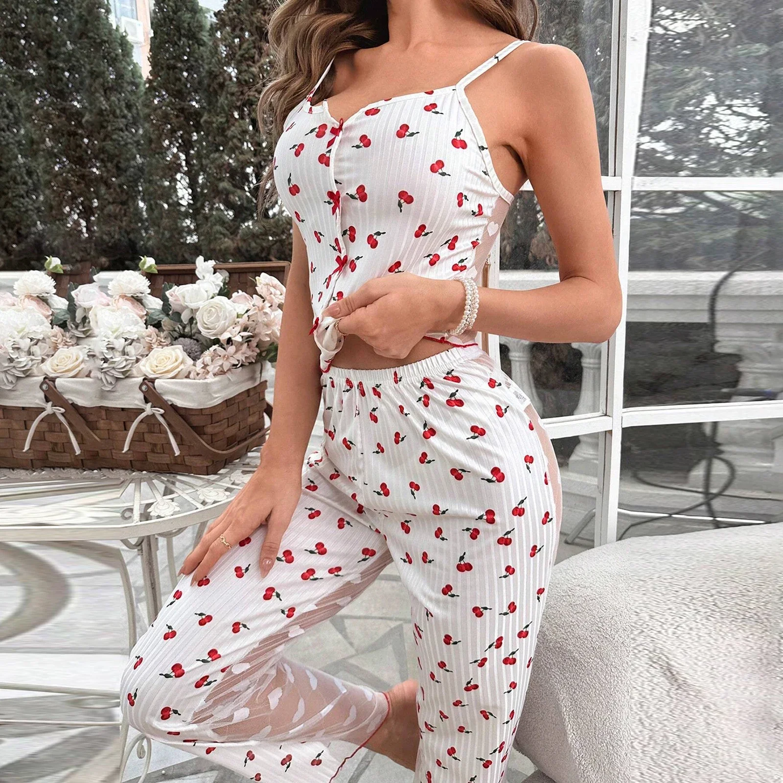 Autumn Winther See Through Pajamas Set Women\'s Loungewear Cherry Heart Print Patchwork Cami Tops with Pants Sets Sleepwear