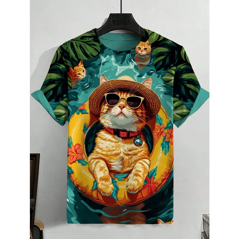 

Swimming Sunglasses Cat Graphic T-Shirt For Men Water City 3D Print Tees Summer Round Neck Tops Oversized Short Sleeve T Shirts