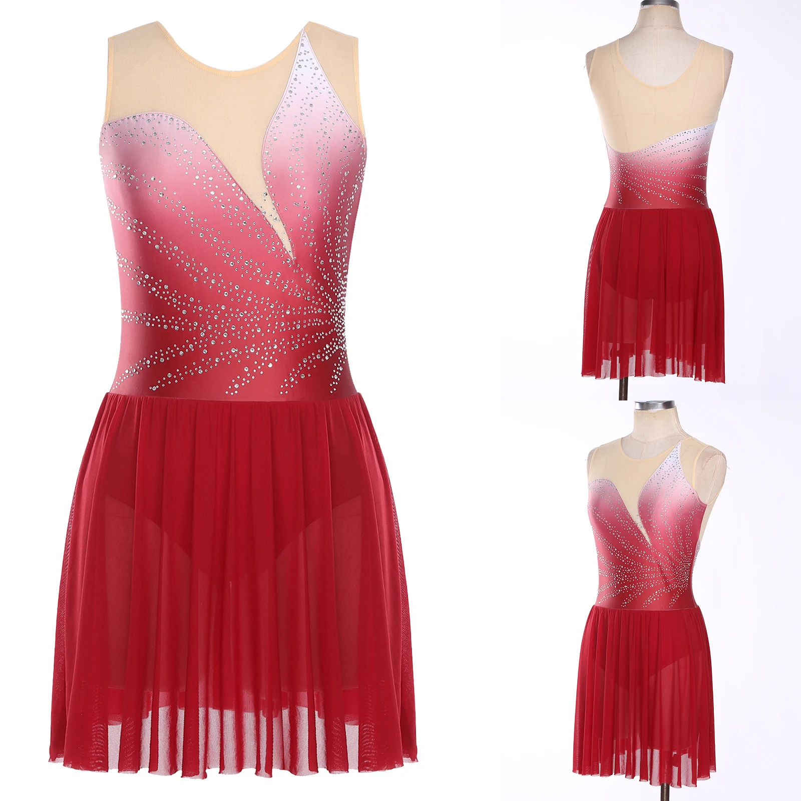 

Women Figure Skating Dress Rhinestones Mesh Sleeveless Ice Skating Dress Ballet Lyrical Dance Leotards for Competition Costume
