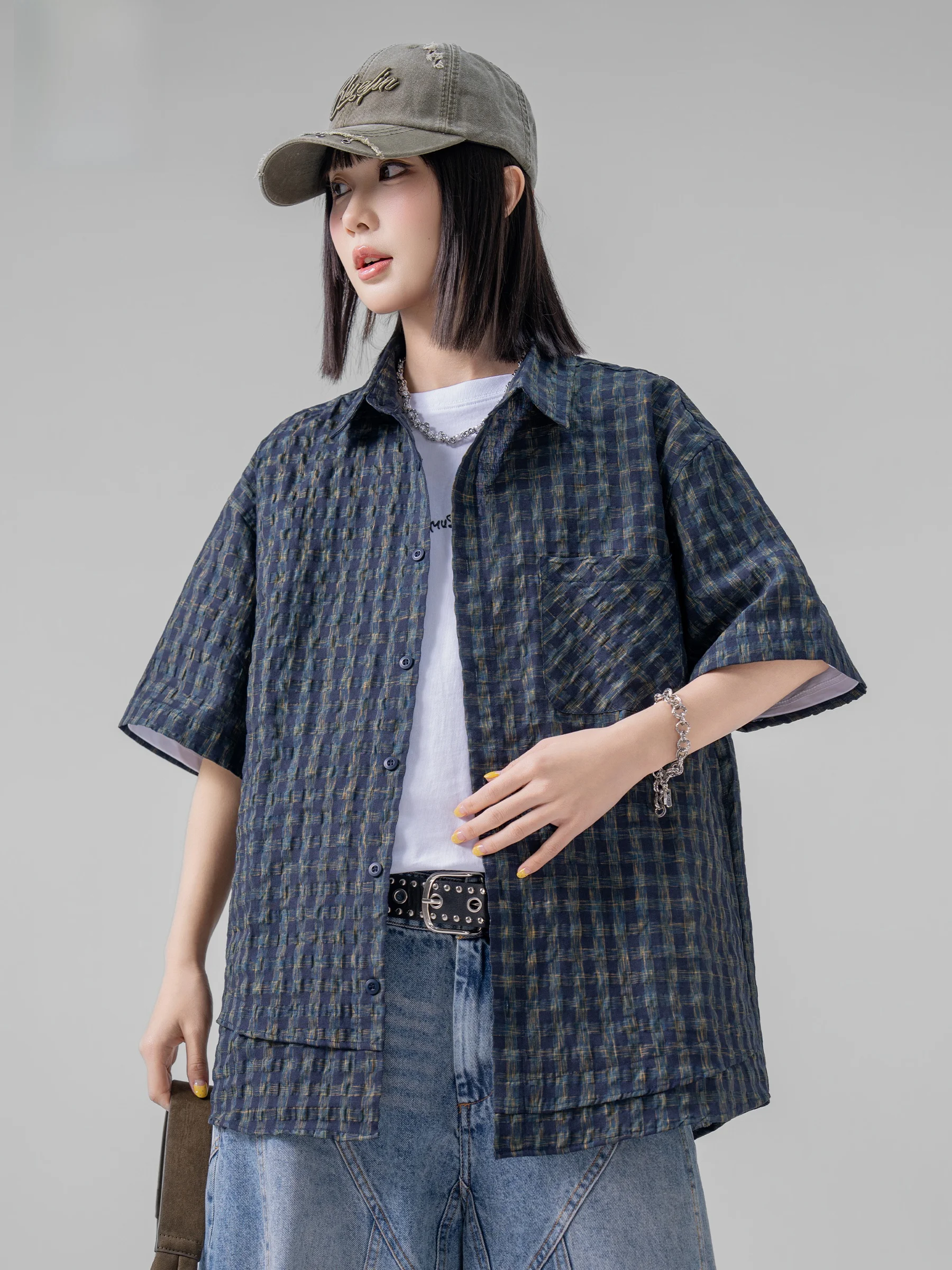 American Textured Short Sleeve Loose Fit Men's Shirt Retro Plaid Versatile T-Shirt Jacket Breathable Lightweight Summer New A...