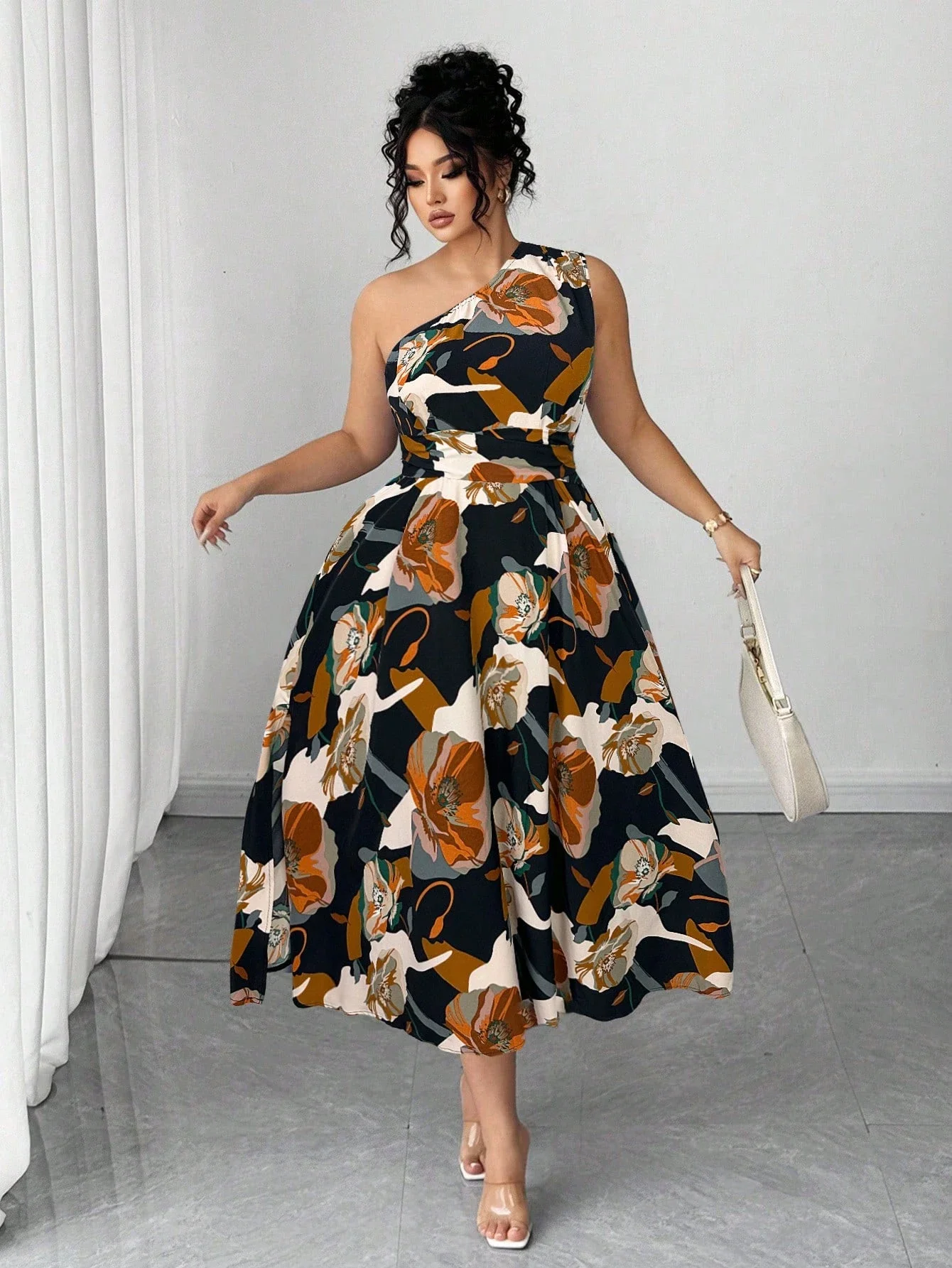 

One Shoulder Floral Print A-Line Midi Dress For Women Elegant Party Wedding Guest Outfit