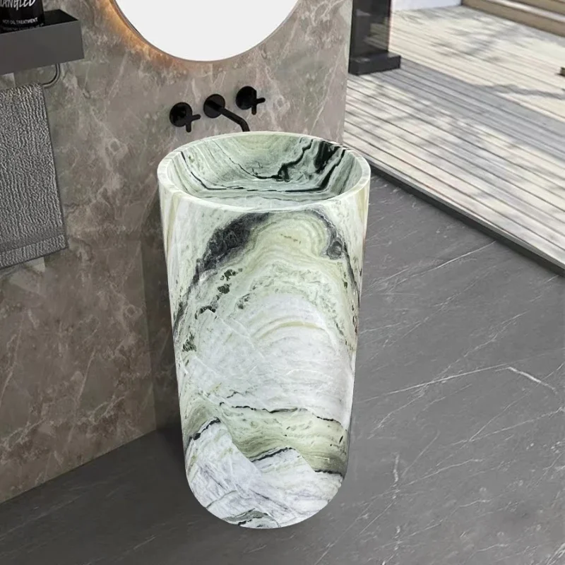 Pillar basin floor standing elephant white simi kara white art integrated rough stone basin