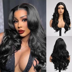 Black Long Body Wave Lace Front Synthetic Wigs Pre Plucked Transparent Lace Wigs Loose Wave Wigs Natural Hairline and Baby Hair