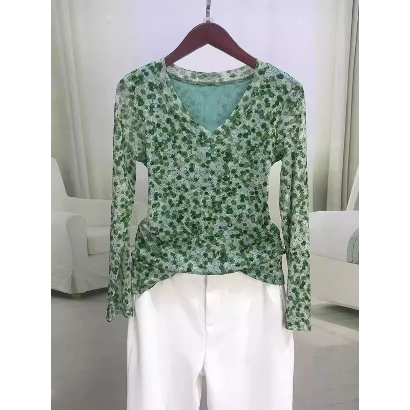 Printed V-neck Noble Long-sleeved Fashionable Mesh New Fashion Bottoming Slimming Top