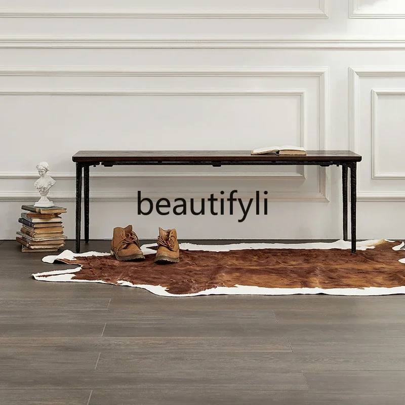 

Nordic bedside dining table bench industrial style solid wood furniture oak wrought iron retro copper tenon shoe changing stool