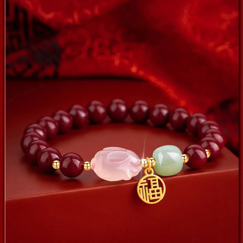 

Double-layer Bracelet Natural Southern Red Lucky Year Hotan Jade Bracelet Girl Rabbit Jewelry Gift Female Brithday Present