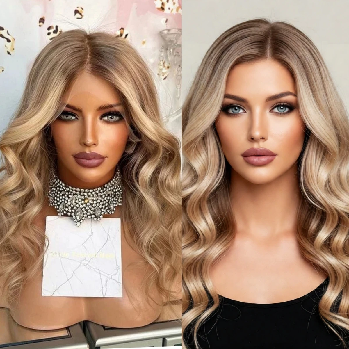 Ombre Golden Blonde Brown Roots Middle Parting Highlights Synthetic 13*4 HD Invisible Lace Top Wigs Original Factory Wigs Female