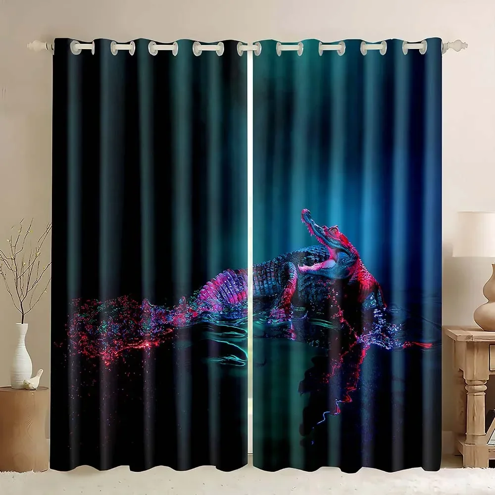 Crocodile Curtain Wild Alligator Pattern Window Curtain Wildlife Style Neon Color Crocodile Horror Animal Theme Blackout Curtain