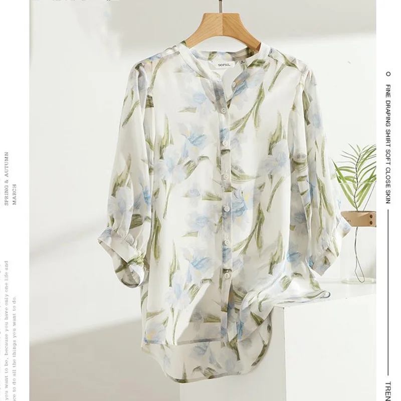 Camisa de peito único colarinho, estampada solta, blusa de chiffon manga três quartos, senhora do escritório, nova moda, verão