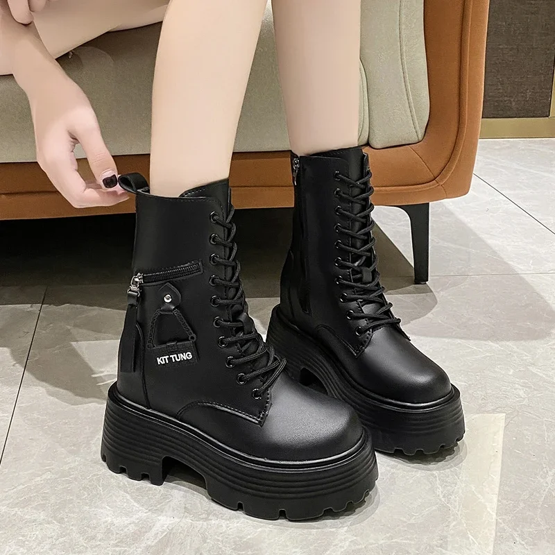 New 2023 Autumn Platform Mid-calf Boots 9CM High Heels Women Thick Sole Winter Leather Punk Shoes Chunky Motorcycle Boots Woman