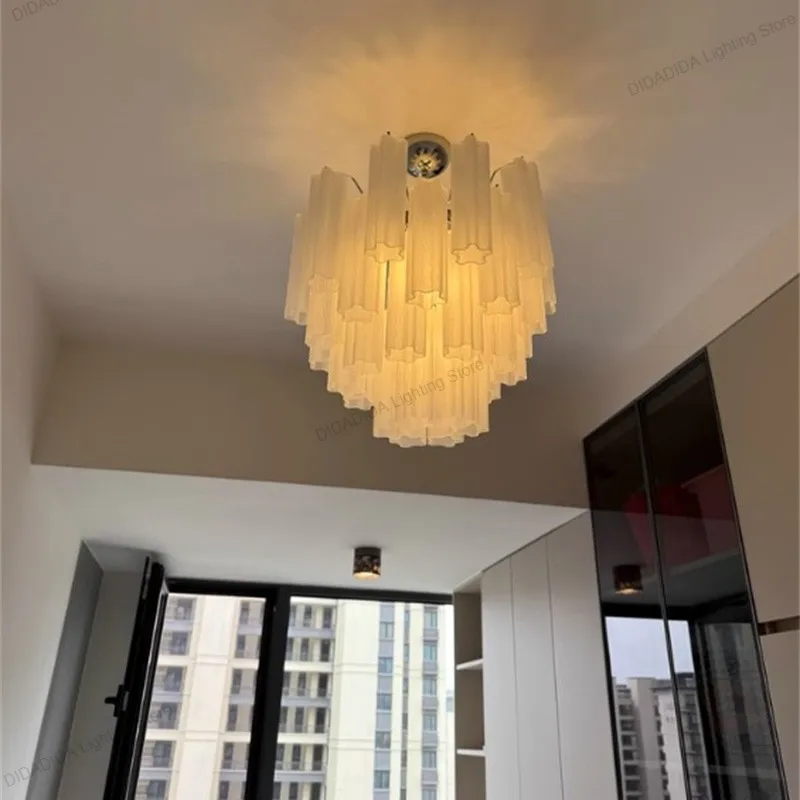 Lampu Gantung Tabung Kaca Murano Nordic Bentuk Lingkaran Kaca Putih Buram Abu-abu Asap Baja Tahan Karat Dapat Diredupkan Lustre