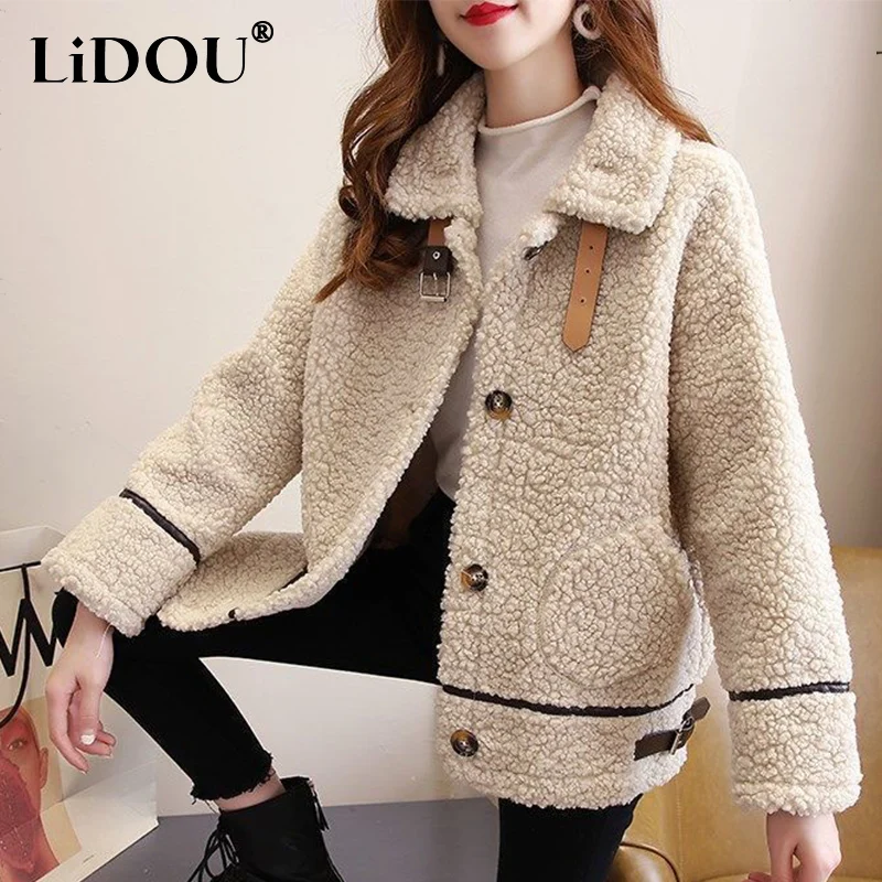 

Autumn Winter Lamb Fleece Fur One Warm Coat Top Women Loose Casual All-match Thick Jacket Ladies Plush Cardigan Female Clothes