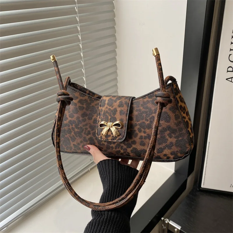 Casual Leopard Print New Fashion Simple Niche Women's Shoulder Crossbody Bag With Bow Decoration