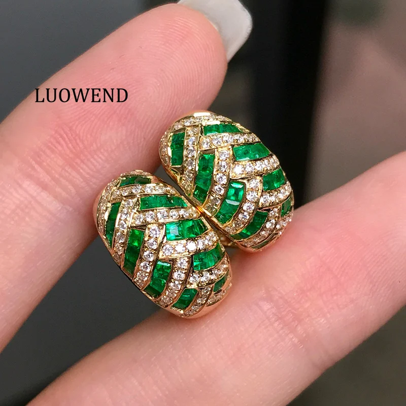 LUOWEND 100% 18K Yellow Gold Earrings Luxury Elegant Style Shiny Diamond Natural Emerald Hoop Earrings for Women Fine Jewelry