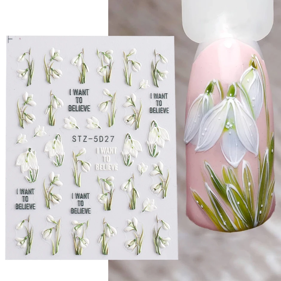 5D Schneeglöckchen geprägte Nagellack Aufkleber Tulpe Campanula Blumen Charms Aufkleber elegante florale strukturierte Maniküre Acryl Wraps