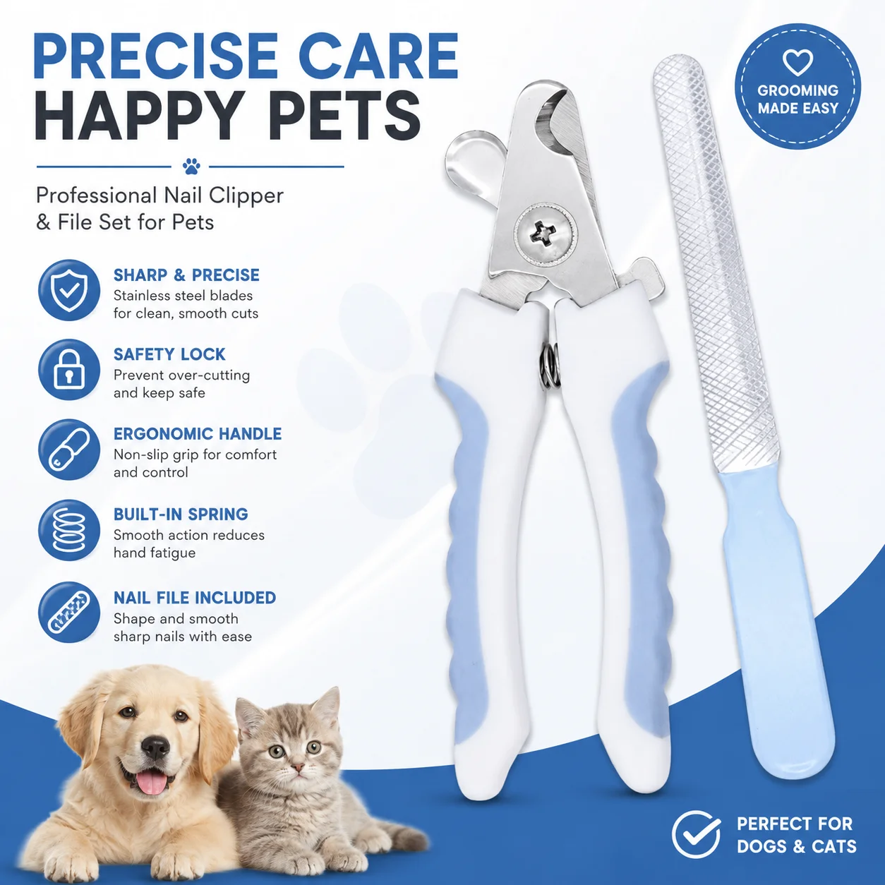 Professional Pet Nail Clippers for Large Dogs and Cats with Safety Guard & Nail File, Sharp Stainless Steel Grooming Trimmer