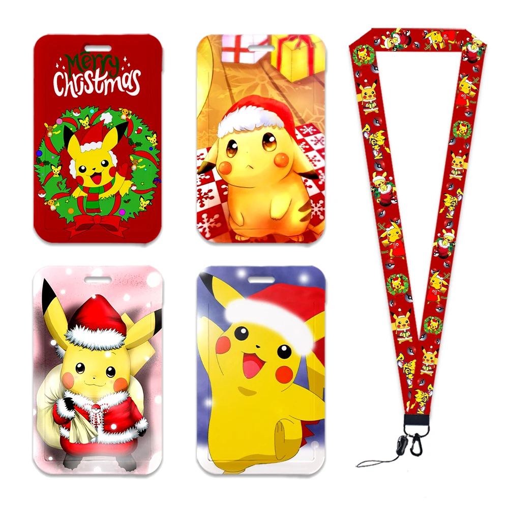 Christmas Pokemon Pikachu Cartoon Design Cute Badge Holder ID Card Bus Card Badge Hang Rope Lanyard for Accessories Gifts