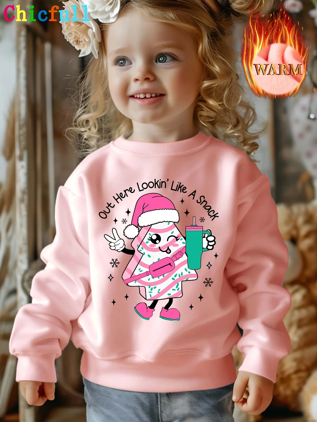 Christmas WY6301 Girl Out Here Lookin' Like A Snack Christmas Tree Cake Print Casual Autumn/Winter Fleece-Lined Thick Sweatshirt