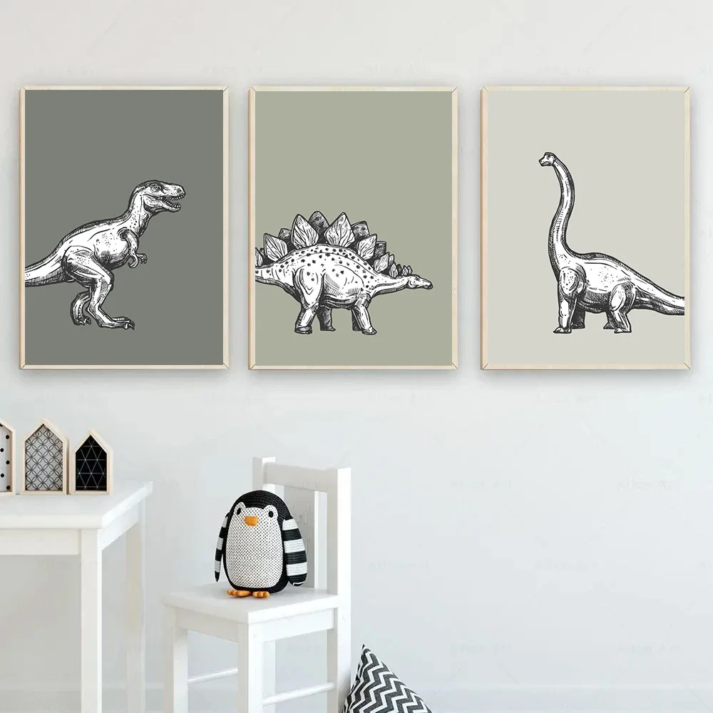 

Cartoon Dinosaur Poster Emerald Green Canvas Print Wall Art Nursery Painting Nordic Wall Pictures Kids Boy Room Bedroom Decor