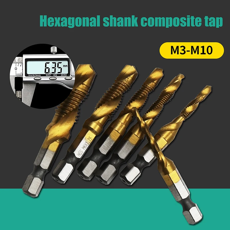 6pcs High Speed Steel M3-M10 Titanium Plated Composite Tap Hexagonal Drill And Tap Integrated Tap Machine With Hole Chamfer Tool