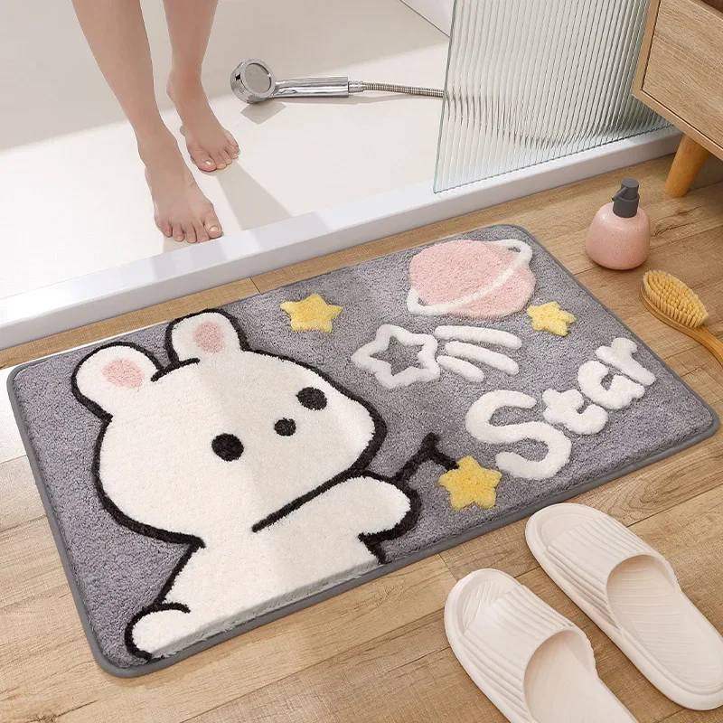 Cute Cartoon Rabbit Bath Mat Set High Quality Flocking Bathroom Non-slip Absorbent Bathroom Rug Shower Room Door Mat Carpet