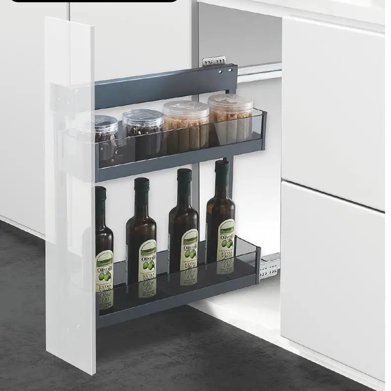 -oo Aluminum Frame Tempered Glass Side Pull Out Basket for Kitchen Cabinet Condiment Storage Organizer Pull Out Basket