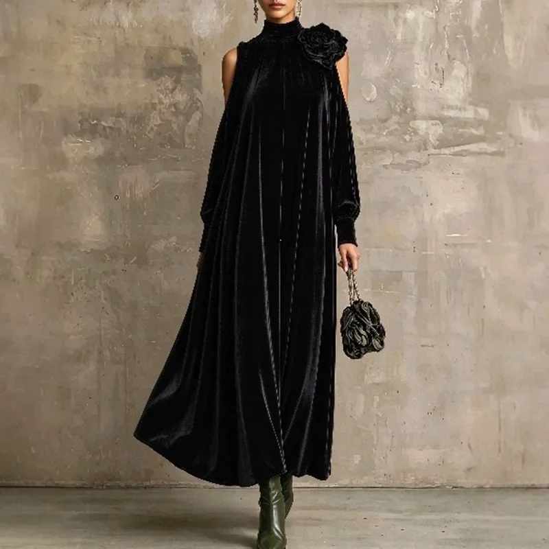 Women Solid Velvet Maxi Dress High Neck Cold Shoulder Long Sleeve 3D Flower Decor Loose Flowy Long Gown Evening Prom Party Dress
