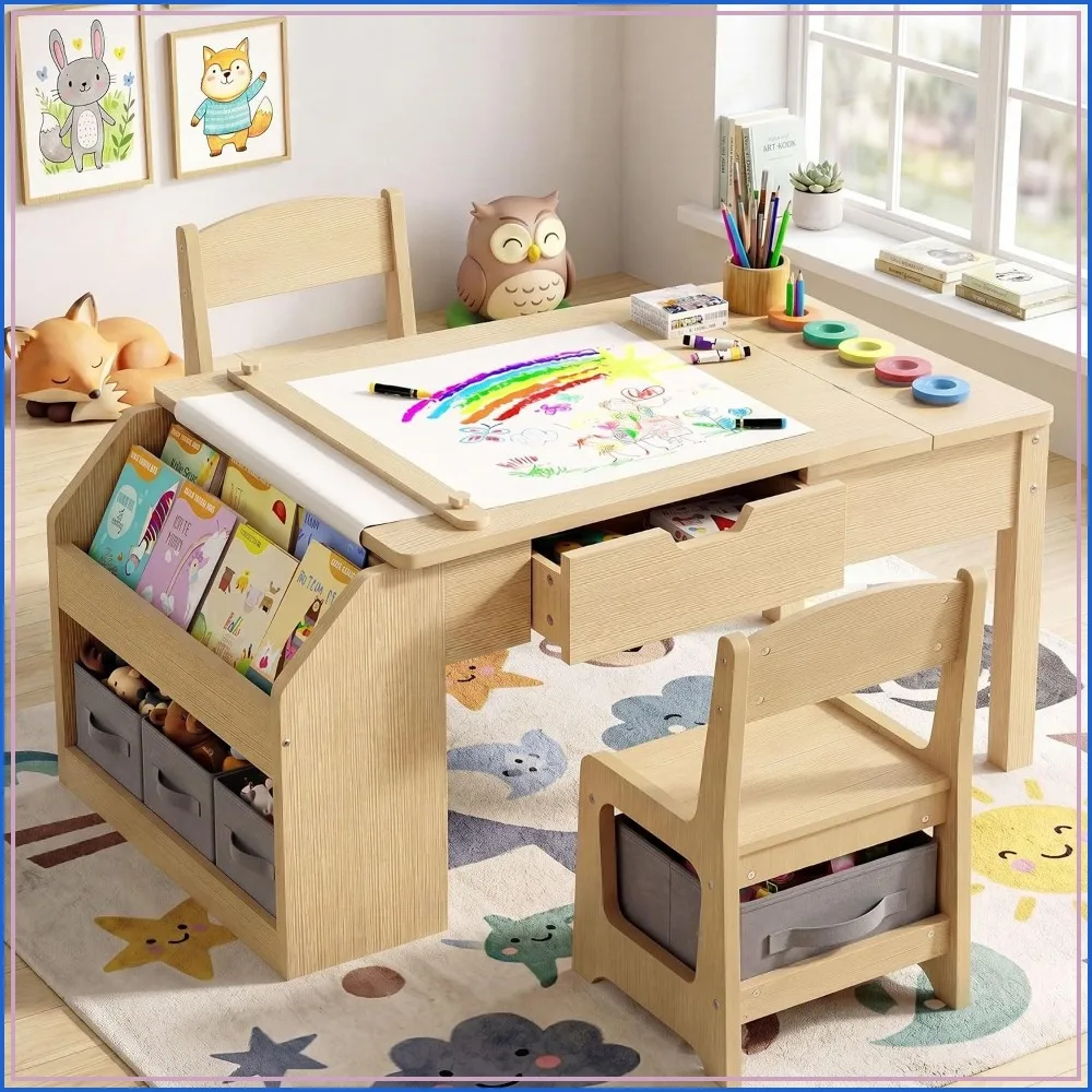 5-in-1 Kids Table and Chairs Set with Drawers, Convertible Craft Desk with Art Easel, Nature Wood