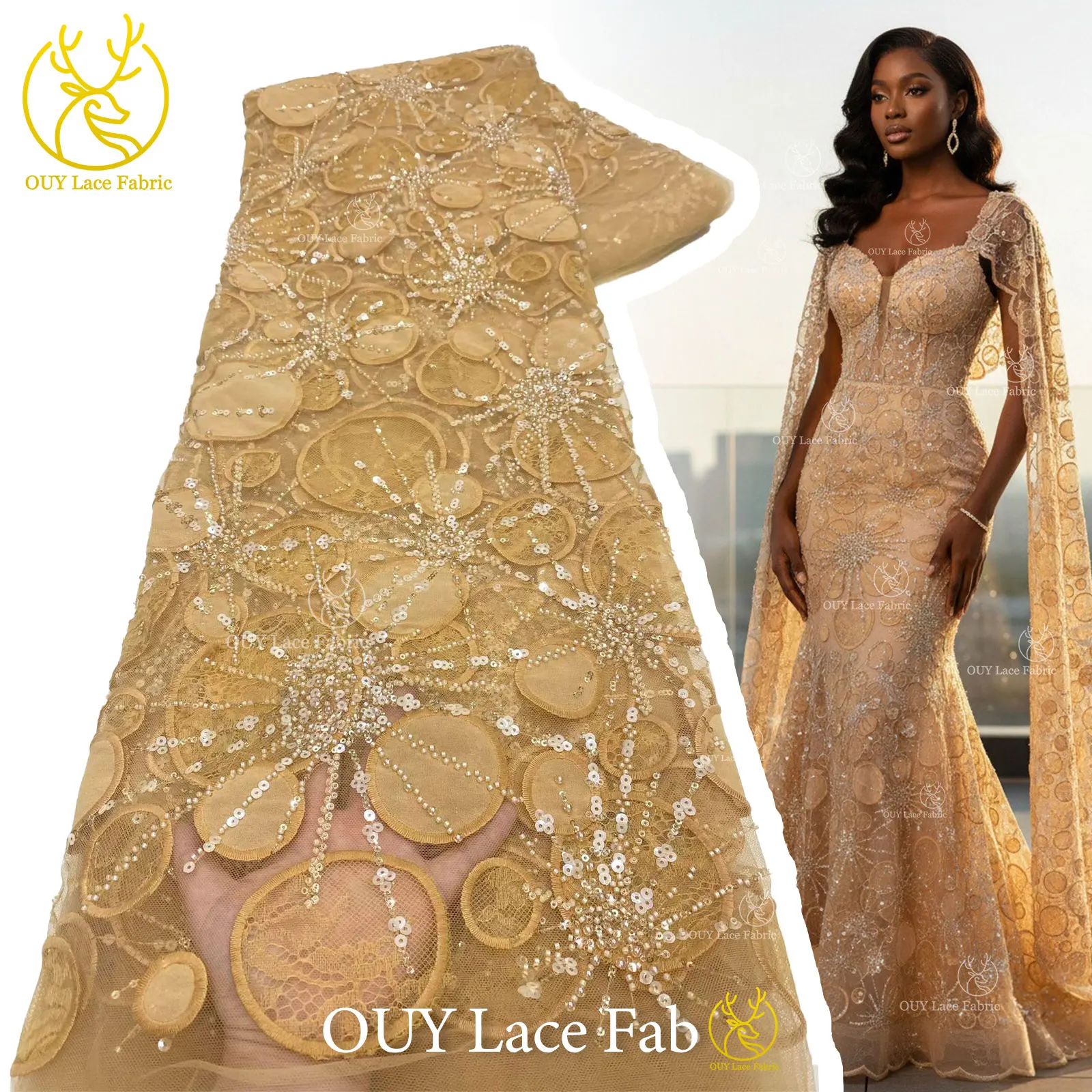 

Luxury African Sequins Embroidery Yellow Lace Fabric 5 Yards French Nigerian Tulle Lace Fabric For Women Party Dress Sewing