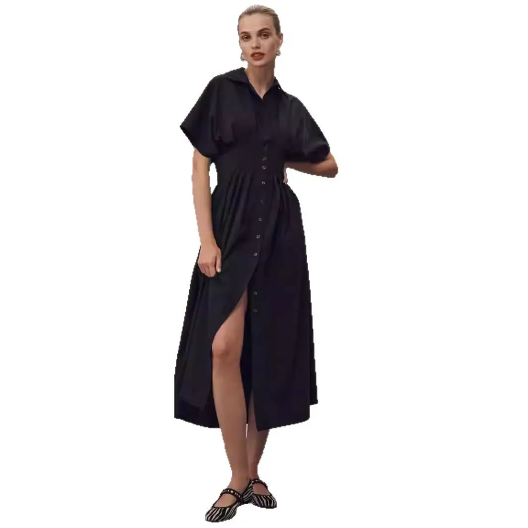 2025 novas roupas femininas vento lapela gola listrado breasted cintura vestido fino camisa longa europeu e americano