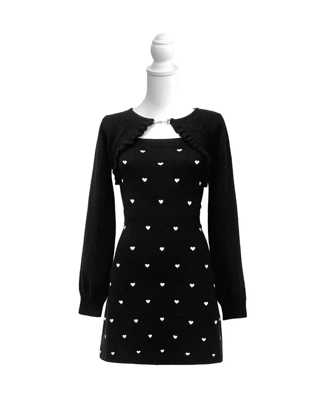 Style japonais décontracté doux coeur imprimé sangle robe courte printemps automne mignon à manches longues robes tricotées pour les femmes